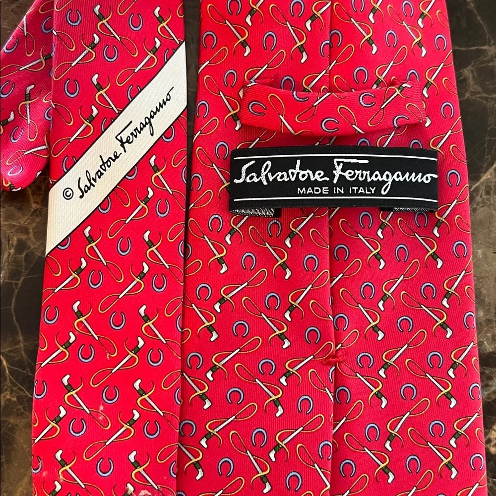 Salvatore Ferragamo Silk Tie Horseshoe Riding Crop Equestrian Novelty Red - Picture 10 of 10